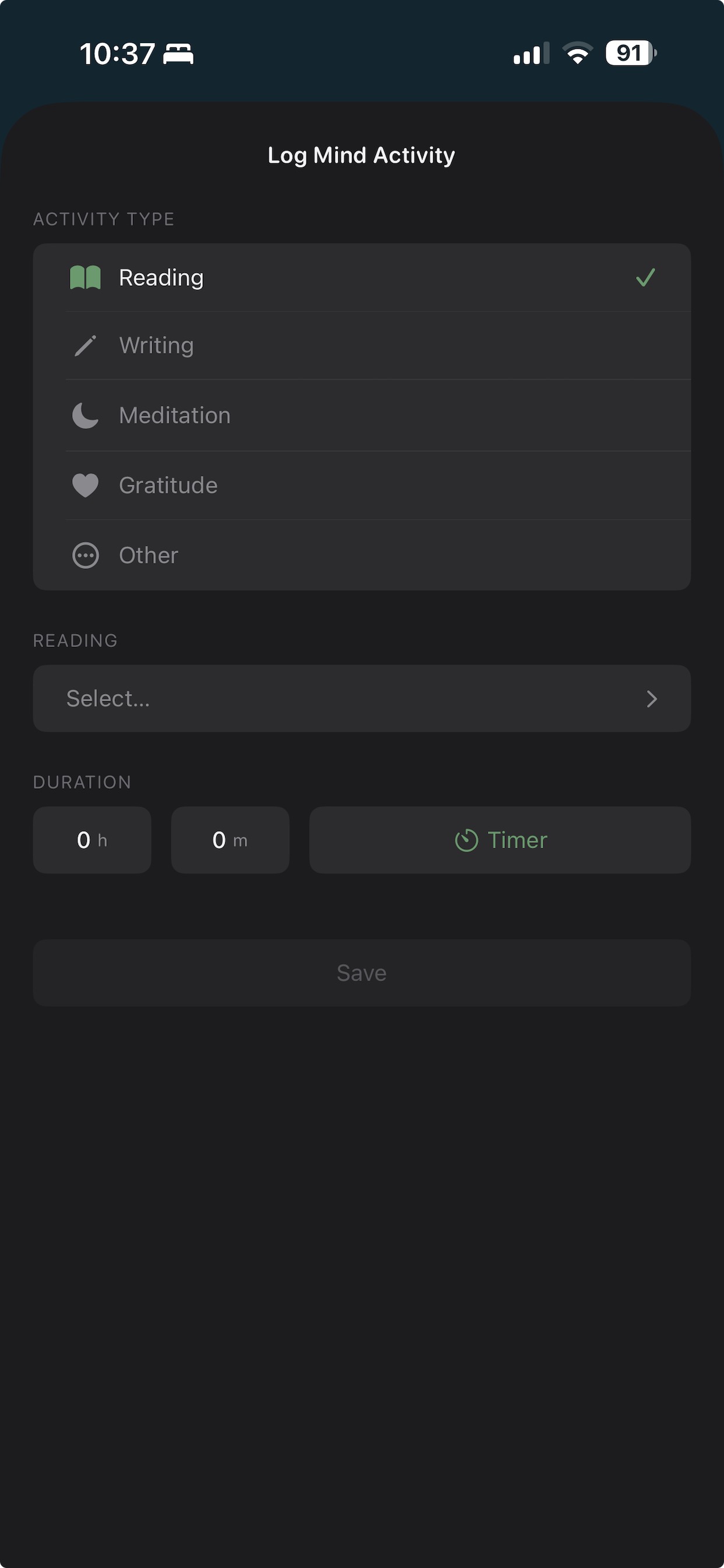 Mind activity tracking screen